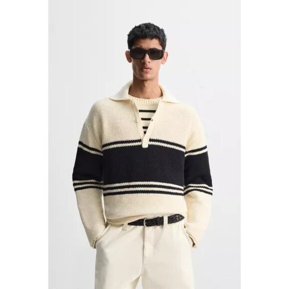 Zara Man Edition Polo Sweater L Large Cream Black Striped Knit S/S 25 NWOT - Picture 1 of 9